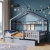 Twin Size House Bed with Storage Drawers & Shelf, Kids Wooden Beds Frame Twin Platform Bed with Slats and Fence for Kids Teens