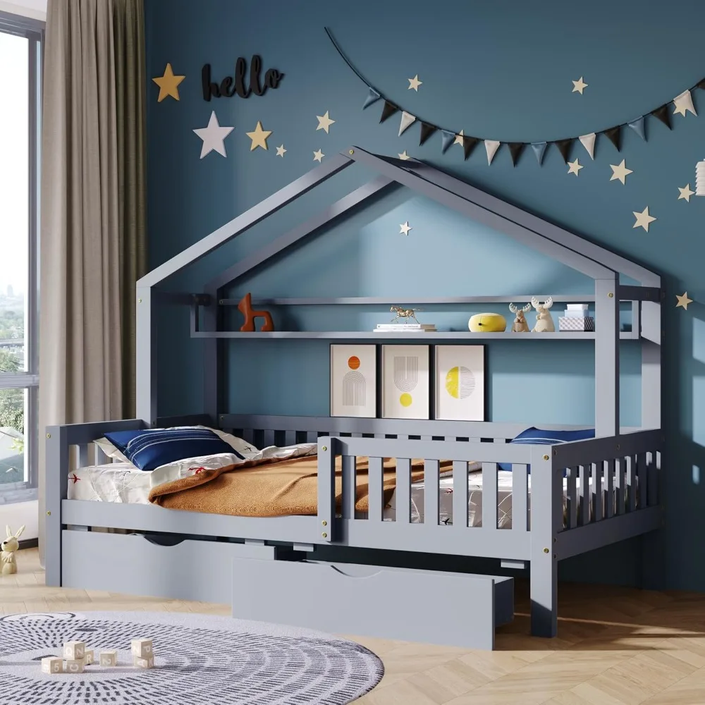 Twin Size House Bed with Storage Drawers & Shelf, Kids Wooden Beds Frame Twin Platform Bed with Slats and Fence for Kids Teens