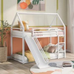 Twin Over Twin Metal Floor Bunk Bed with Slide, Metal Junior House Twins Size House Bunk Bed Frame with Ladder&Roof for Boy Girl