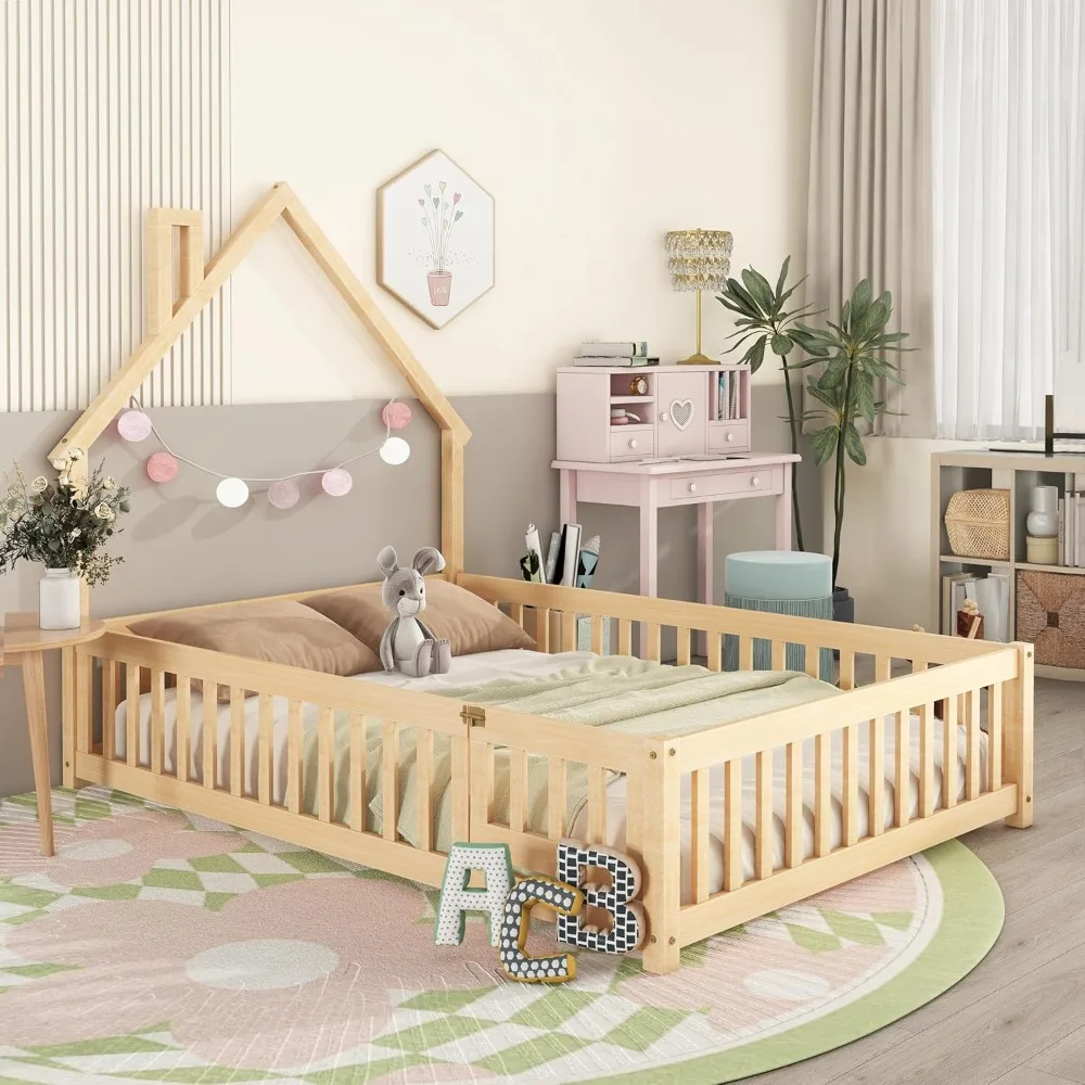 Full Size Kids Montessori Floor Bed,Floor Bed Frame with Fence and Door,House Bed Full for Girls,Boys