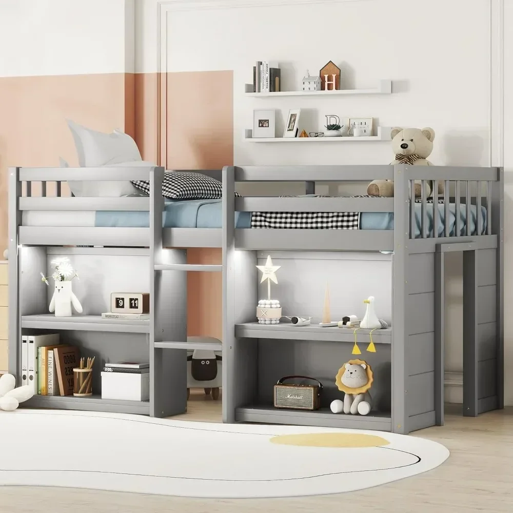 Strong Wood Slats Support Wood Kids Twin Loft Bed,with LED Light and Shelves,Twin Size Low Loft Bed with Storage Shelves
