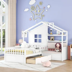 Kids Twin House Bed Frame with Upholstered Sofa and 2 Drawers, L Shaped Storage Bed for Kids,Boys,Girls,White Children Beds