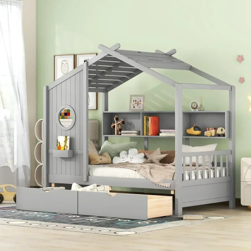 Bunk Beds Children Beds, Twin House Bed with Storage Drawers & Bookcase, Solid Wood Playhouse Bed for Kids Teens Girls Boys