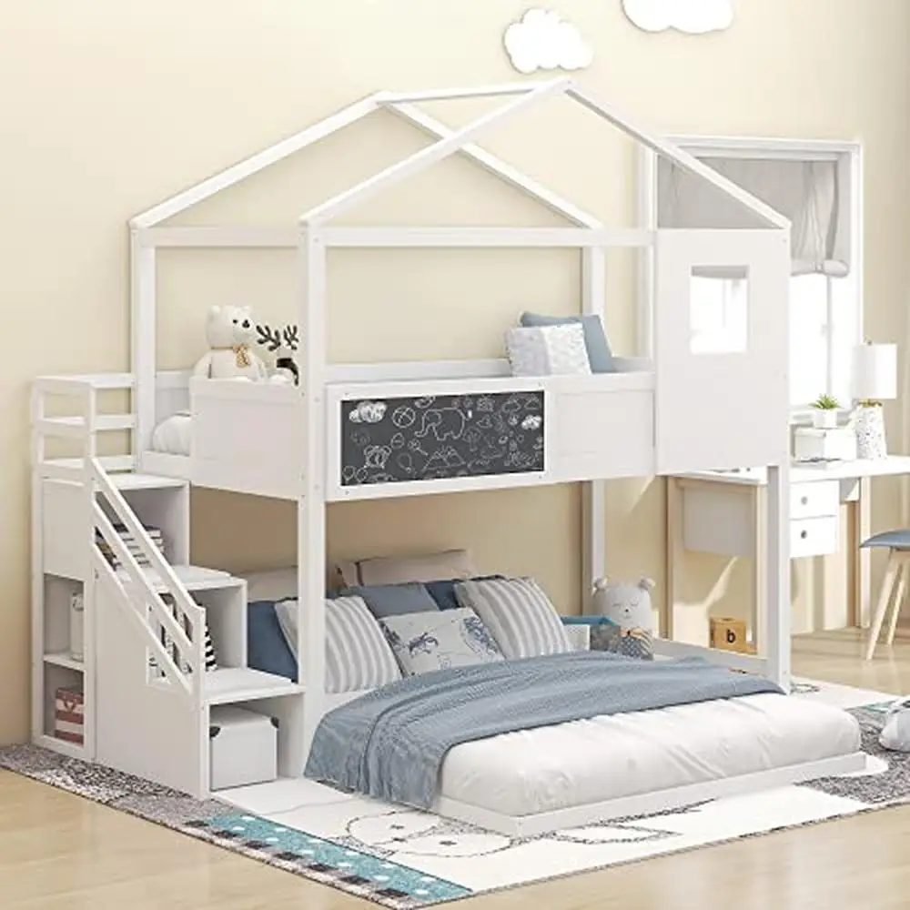 Creative Kids Mini Loft Bed with Storage Stairs & Play Area House Bunk Beds