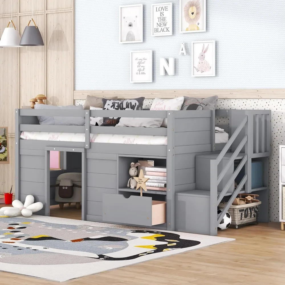 Children Beds, Twin Size Low Loft Bed for Kids, Wood Loft, Bed Is Made of Solid Pine, Particle Board, Plywood Side Rails