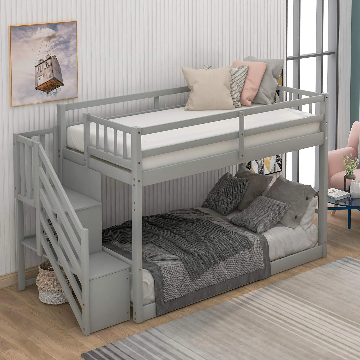 Twin Junior's Low Bunk Bed with Storage Stairs,Wood Floor Bunk Bed with Storage for Kids Teens,Floor Twin Size Bunk Beds with Sl