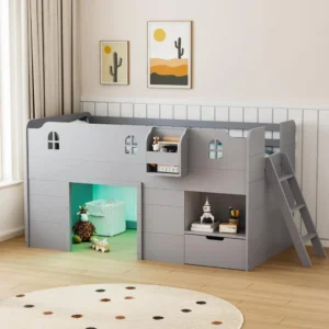 Loft Bed Twin Size with Led Light, Low Loft Bed with Storage Drawer, Book Rack, Smart APP Control, Gray Children Beds