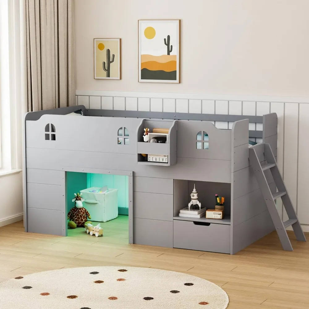 Loft Bed Twin Size with Led Light, Low Loft Bed with Storage Drawer, Book Rack, Smart APP Control, Gray Children Beds