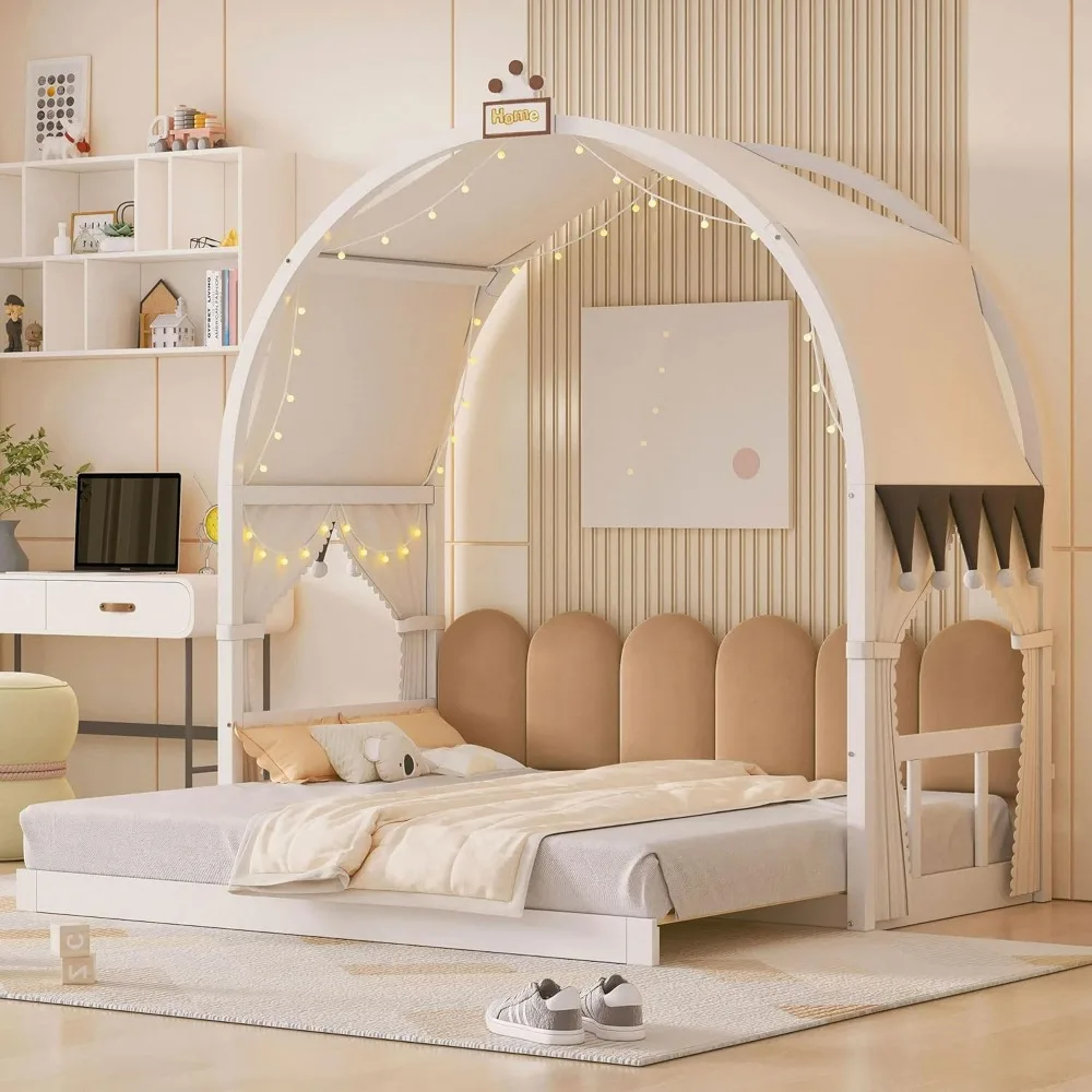 Floor Bed with Light and Curtain Twin to 2 Twin, Wood House Montessori Bed Frame with Arched Roof, Extending Kids Beds