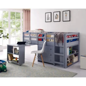 Grey Twin Size Loft Bed with Desk, Bookcase Shelf, Cabinet Ladder, and Safety Guard Rails, Children Beds