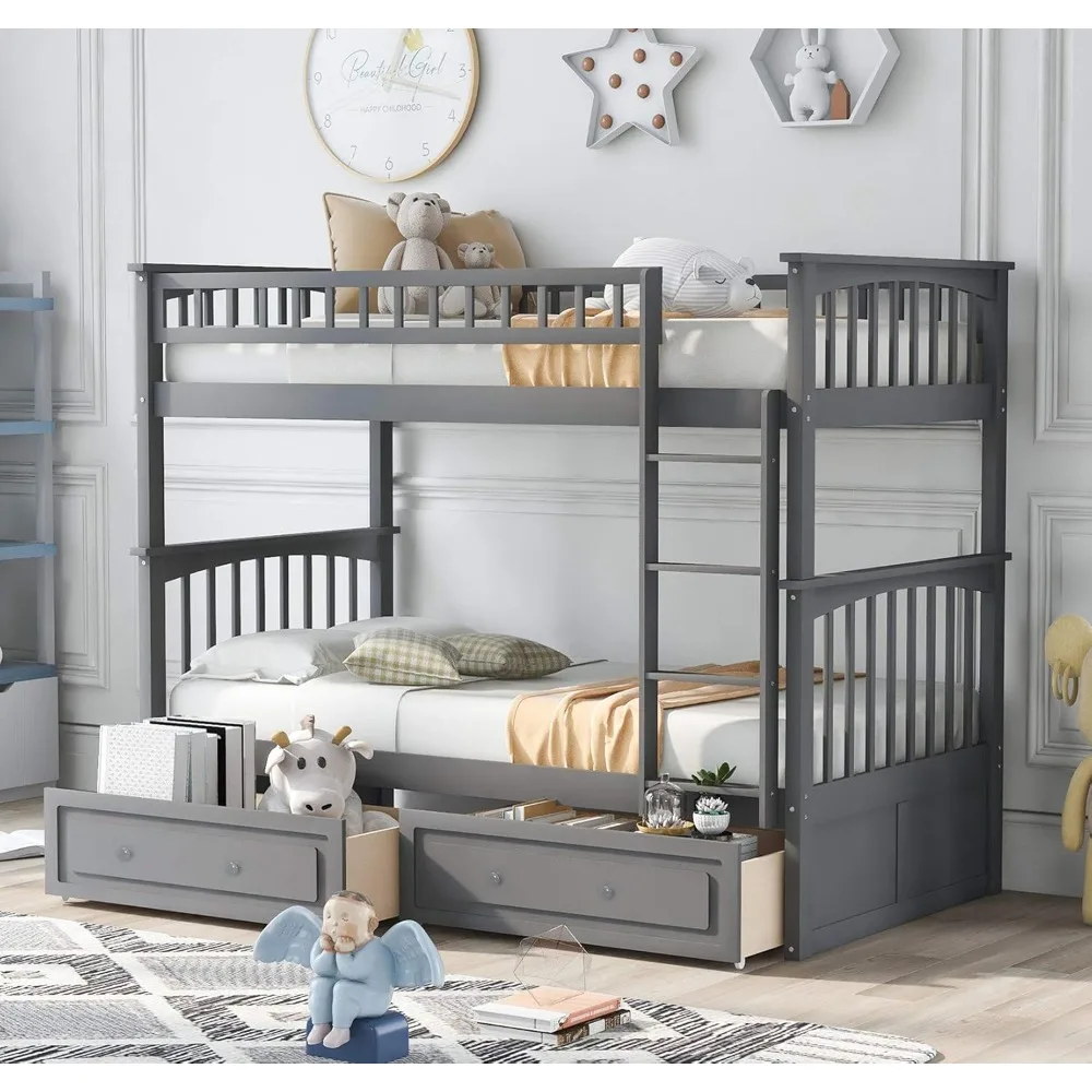 Convertible Wood Twin-Over-Twin Bunk Bed with Storage Drawers and Ladder - Can Be Divided Into Two Daybeds, Children Beds