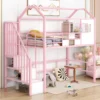 Twin Size House Loft Bed with Stairs and Storage Box, Cute Metal Loft Bed for Kids Bedroom, No Noise, Pink