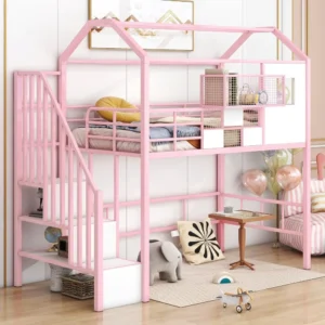 Twin Size House Loft Bed with Stairs and Storage Box, Cute Metal Loft Bed for Kids Bedroom, No Noise, Pink